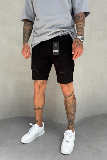 MADZEYMODA Black Denim Fabric Ripped Detailed Men's Jean Jeans Shorts Ke-462