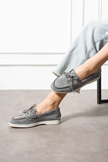 ShoeTek Rinsa Γυναικεία Μπαλαρίνα Μοκασίνι Γκρι Suede με κορδόνια