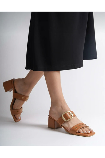 LOJO Women's Trock Double Banded Buckle Heeled Daily Slippers Agras Beige