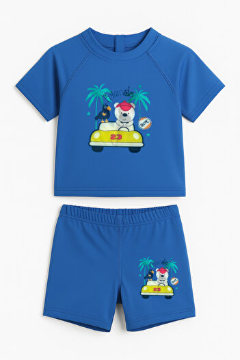 İYİBU Unisex Short Sleeve Baby Quick Dry Water Repellent Car Patterned 2-Piece Swimsuit Set (6-12 Months / 4-5 Years)