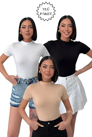 Lunamiratto Cotton Turtleneck Body - Black, Beige, White, Half Turtleneck T-Shirt