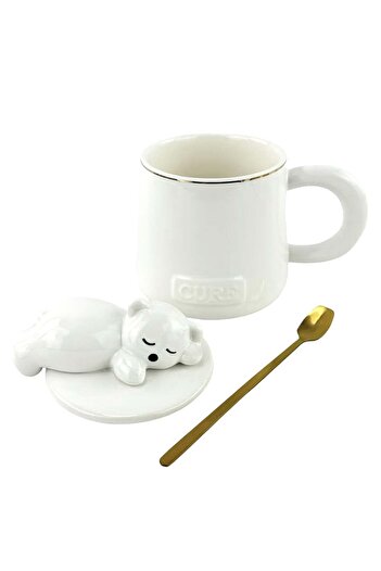PUFO Sleepy Bear ceramic mug with lid and spoon for coffee or tea, 320 ml, white