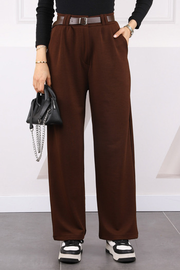 İmajButik Brown Double Pleated Belted Lycra Palazzo Trousers
