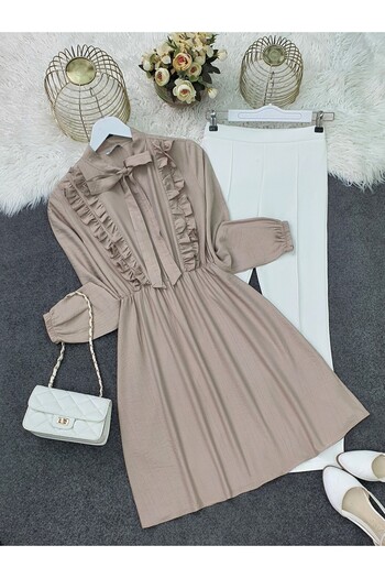 Modamorfo Ruffled Ayrobin Tunic with Lace-Up Collar - Light Mink