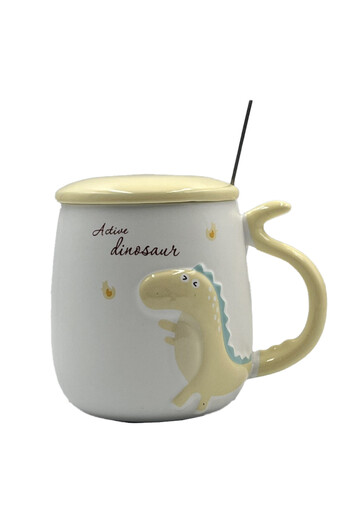 PUFO Dyno ceramic mug with lid and spoon for coffee or tea, 400 ml, yellow