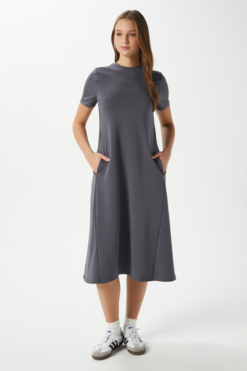 Ritnice Women's Hanna Pocket Bell Cut Anthracite Combed Cotton Summer Dress 14266
