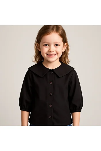 BAV Butik Ayvitrin Black Short Sleeve Design Collar Girl's Shirt