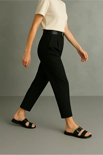 Heyya Women's Narrow Leg Pleated Black Belted Ankle Length Black Fabric Trousers