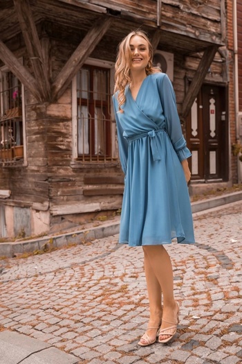 azra moda Short Straight Chiffon Dress Blue