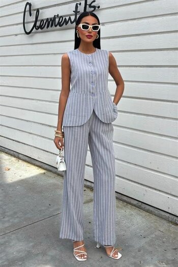 modaserdem Striped Viscon Linen Vest Comfortable Suit 10121
