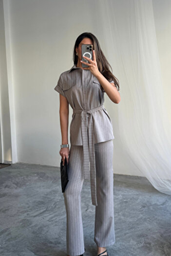 Viyamo Striped Polyviscos Blazer - Pants Suit - Gray
