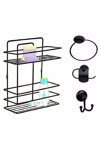 Sas Haus Bathroom Accessory Set 4 Pieces Black, Lifetime Stainless Flat Bathroom Shelf Shampoo Holder Black Tş-02