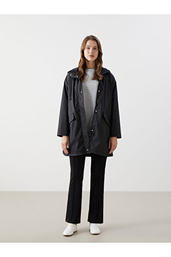 LC Waikiki Black Hooded Plain Leather Look Women's Raincoat
