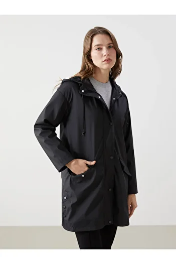 LC Waikiki Black Hooded Plain Leather Look Women's Raincoat