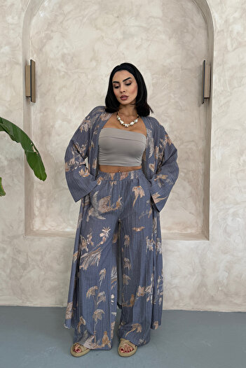 Ortaya Çık Gray Floral Long Bottom Top Kimono Set