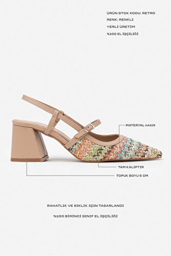 NİŞANTAŞI SHOES Retro Renkli Hasır Kemer Detay Sivri Burun Kadın Topuklu Ayakkabı