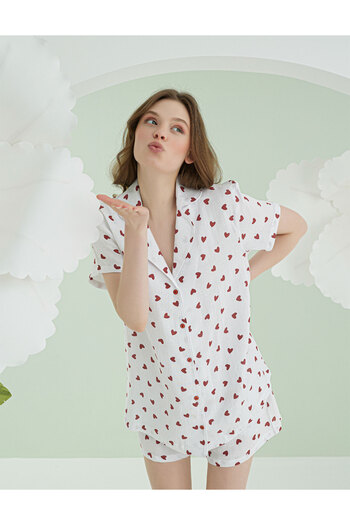 NBB Ecru Heart Shorts Front Buttoned Pajama Set