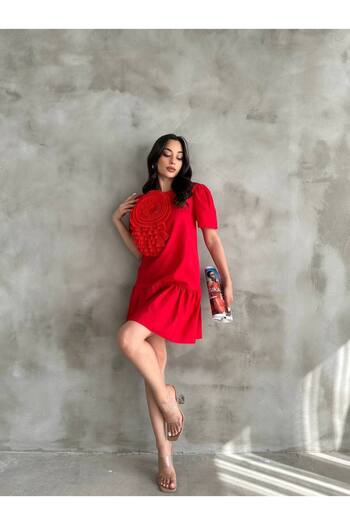 LE CARAMBOLE Women's Red Short Summer Dress with Rose Detail on the Front