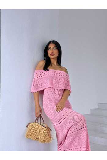 LE CARAMBOLE Women's Pink Madonna Collar Knit Detailed Summer Knitwear Dress