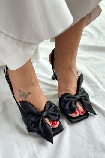 Shoebutik Lotus Black Satin Bow Detail Women's Heeled Sandals