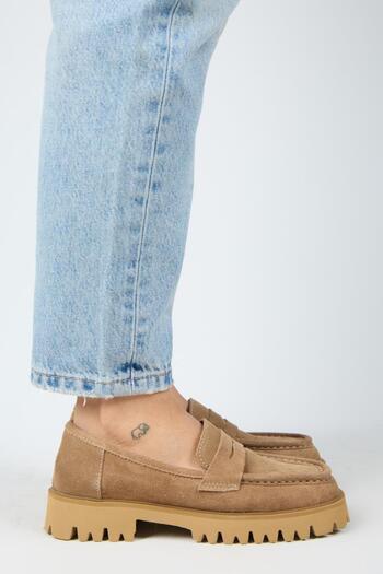 Manijero Cepmen Women's Genuine Leather Cornered Loafer Sand Suede Shoes