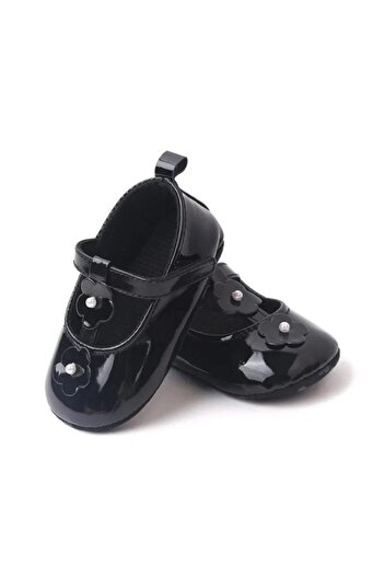 Superbaby Pantofiori bebelusi, negri, lacuiti, cu floricele