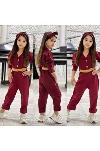 zeynoshkids Girl's Gabardine Fabric Jumpsuit Belt Bandana 3-Piece Combination