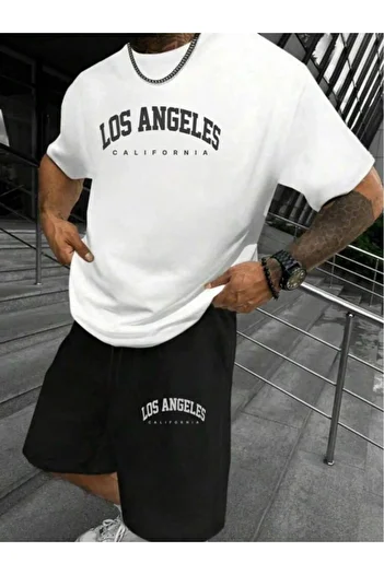 khufu Losangeles U.S.A. Printed Oversize Crew Neck Bottom Top T-Shirt Shorts Set of Two