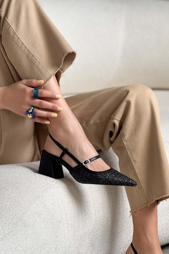 NİŞANTAŞI SHOES Retro Siyah Hasır Kemer Detay Sivri Burun Kadın Topuklu Ayakkabı