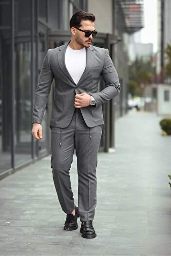 Twenhil Skinny Fit Suit Bag Pocket Pants with Cord Grey