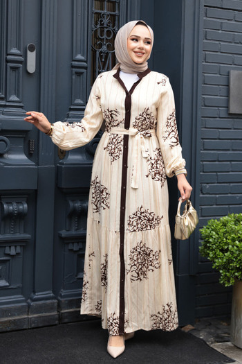 N.S NEVA STYLE Patterned Brown Hijab Dress 23925Kh