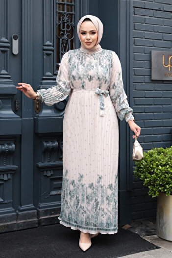 N.S NEVA STYLE Plieseli Green Hijab Chiffon Dress 23501Y