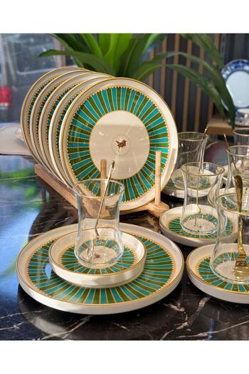 Onedekor 18 Piece Green Bird Garden Cake Tea Set