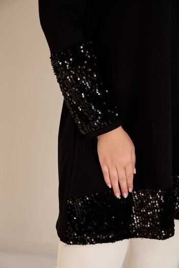 FOR ESRA BIG TREND Women's Plus Size Sleeves and Hem Sequin Embroidery Stretchy Long Sleeve Viscose Tunic