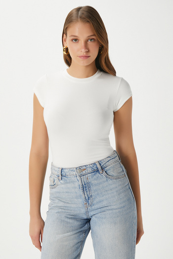 Ritnice Women's Inner Lux Touch Soft Texture Crew Neck Short Sleeve White Blouse