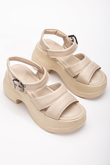 Dilimler Ayakkabı Women's Wedge Heel Sandals Beige 2 Thick Banded Skin