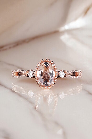 My Diamond Liza Model Morganit Ve Pırlanta Vintage Yüzük Rose Altın