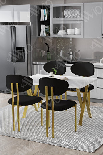 AVVİO Dante Mat Gold Lotus Sandalye 80x120 Yemek Masası Mutfak Masası 4 Kişilik Masa Sandalye Takımı