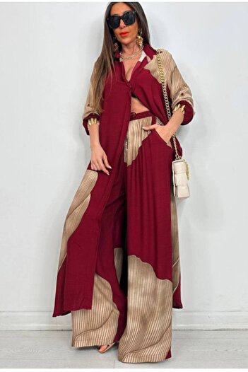 QUAWEAR Oversize Shirt Collar, Long Tunic with Side Slits and Wide Leg Trousers with Side Pockets, Two-Piece Set