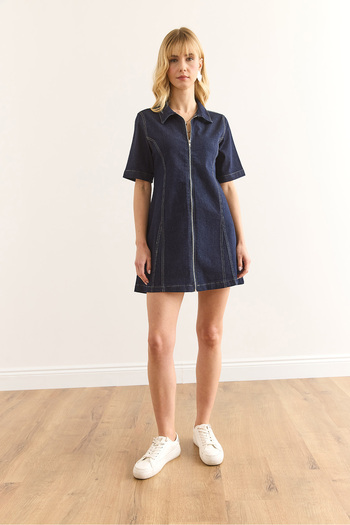 Olalook Women's Navy Blue Zippered Mini Denim Dress Elb-19002399