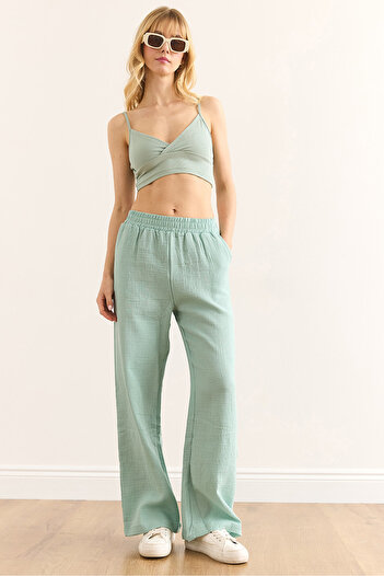 Olalook Women's Aqua Green Elastic Waist Pocket Muslin Trousers Pnt-19000279