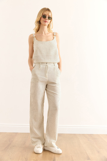 Olalook Women's Khaki Pocket Zippered Striped Muslin Trousers Pnt-19000339