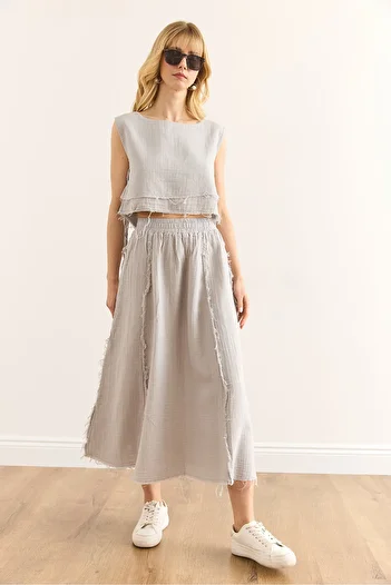 Olalook Women's Gray Elastic Waist Dirty Stitching Muslin Skirt Etk-19000310