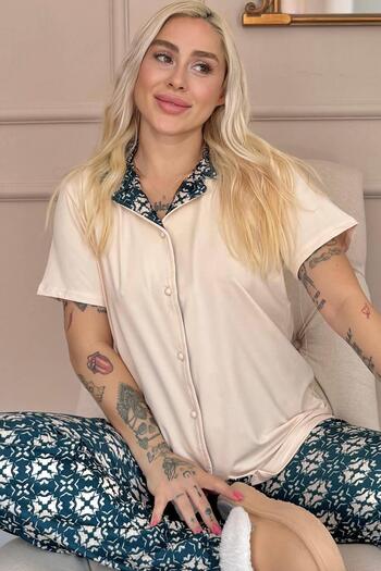 Pijamaevi Beige Floral Harmony Exclusive Front Buttoned Women's Pajama Set