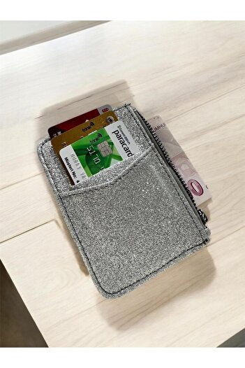 zauram Shiny Glitter Zippered Silver Card Holder Wallet