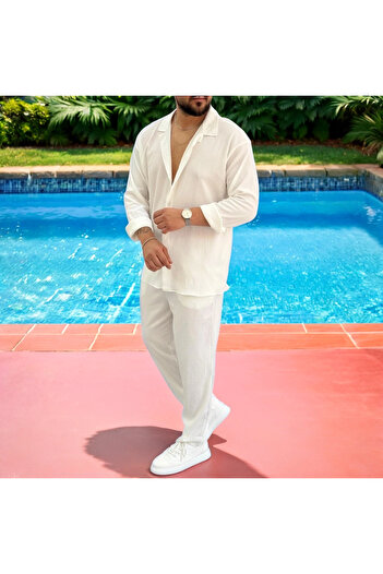 Fifty Color Men's Wrinkled Crinkle Fabric Summer Lycra Apaj Collar Shirt and Sweatpants Suit Combination