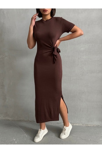 BEJNA Women's Brown Waist Tie Detailed Modal Dress