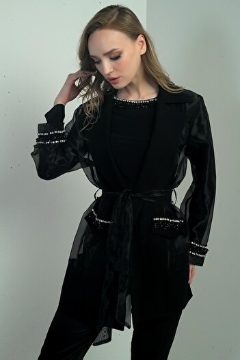 By Saygı Women's Organza Stone Bead Detailed Belted Jacket Blouse Set of 2