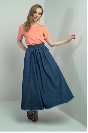 By Saygı Women's Elastic Waist Side Pocket Skirt Tasseled Hem Slim Denim Long Skirt