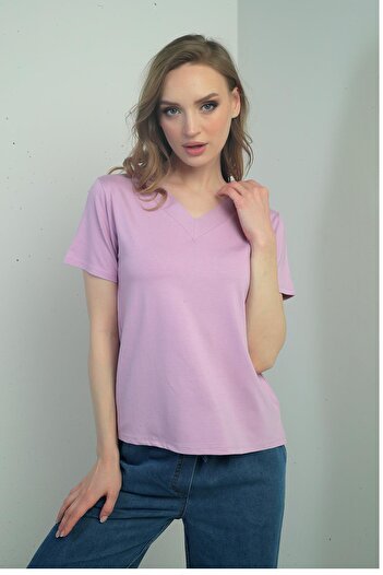 By Saygı Women's V-Neck Slit Short Sleeve Blouse